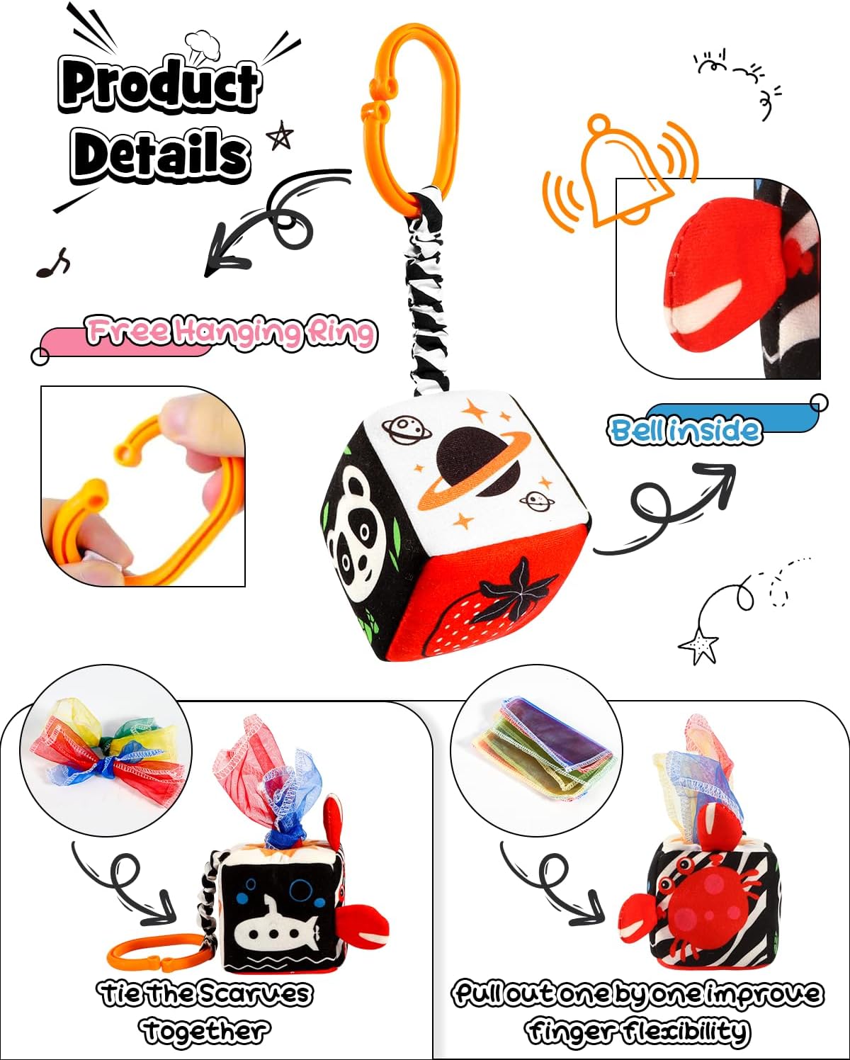 3 PCS Black and White High Contrast Baby Toys for Newborn, Montessori Toy Sensory Infant Tummy Time Toy Baby Essentials 0-6-12 Months Gifts