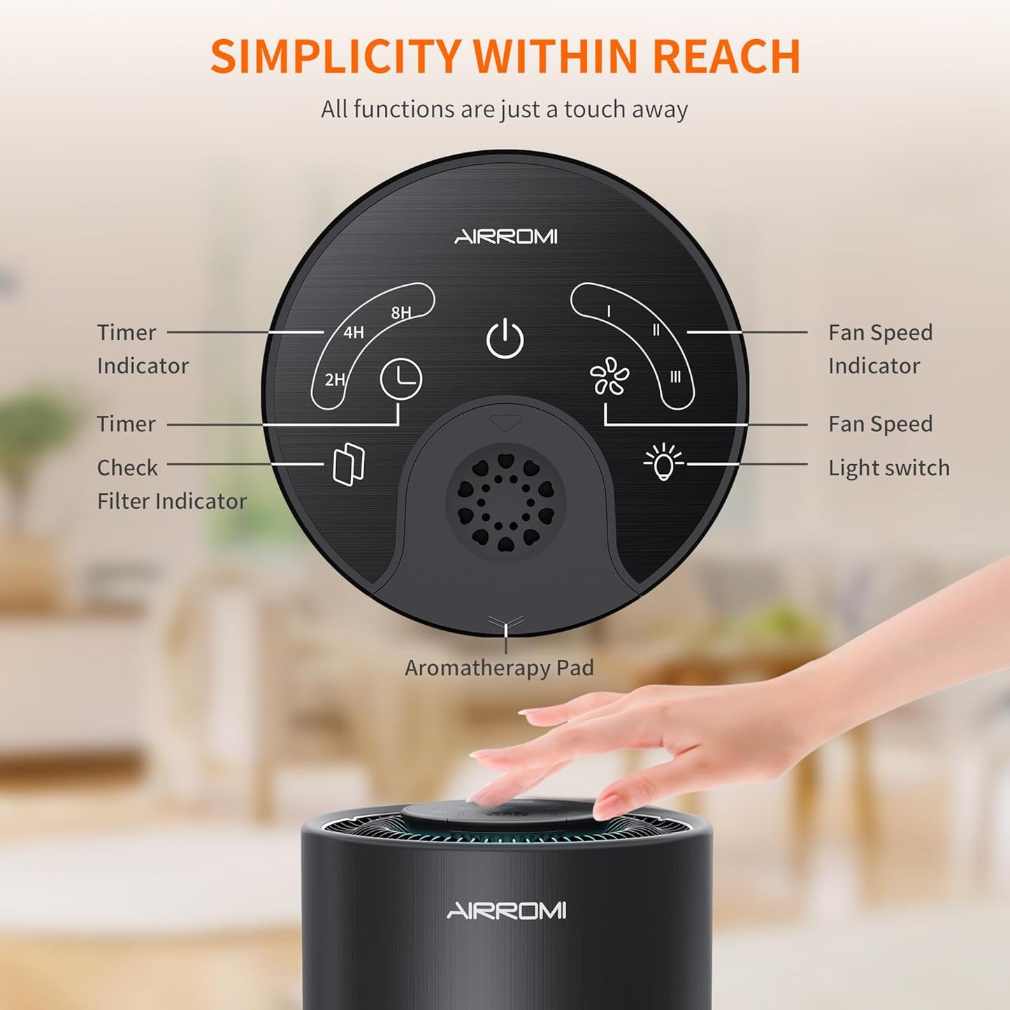 AIRROMI Air Purifier for Bedroom with HEPA 3-in-1 Filter, Pet Air Purifier for Home Cat Pee Smell, Covers Upto 990 Ft², Quiet 360°intake Air Cleaner for pet hair,allergies,Dust,Smoke A2001 Black