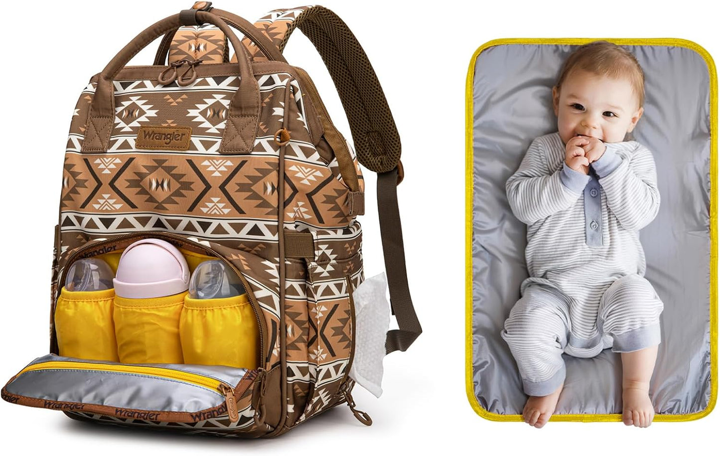 Wrangler Aztec Backpack Multifunction Baby Travel Bag with Changing Pad, Stroller Straps and Pacifier Case WG2204-91103BR