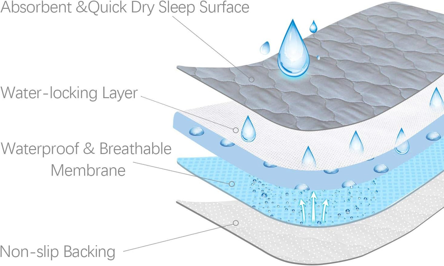 Waterproof Crib Mattress Protector Pad Cover 28" x 52", Anti Slip & Absorbent Waterproof Bed Pads for Standard Crib/Toddler Bed Quilted Machine Washable (Quilted Improved Thickness) Grey