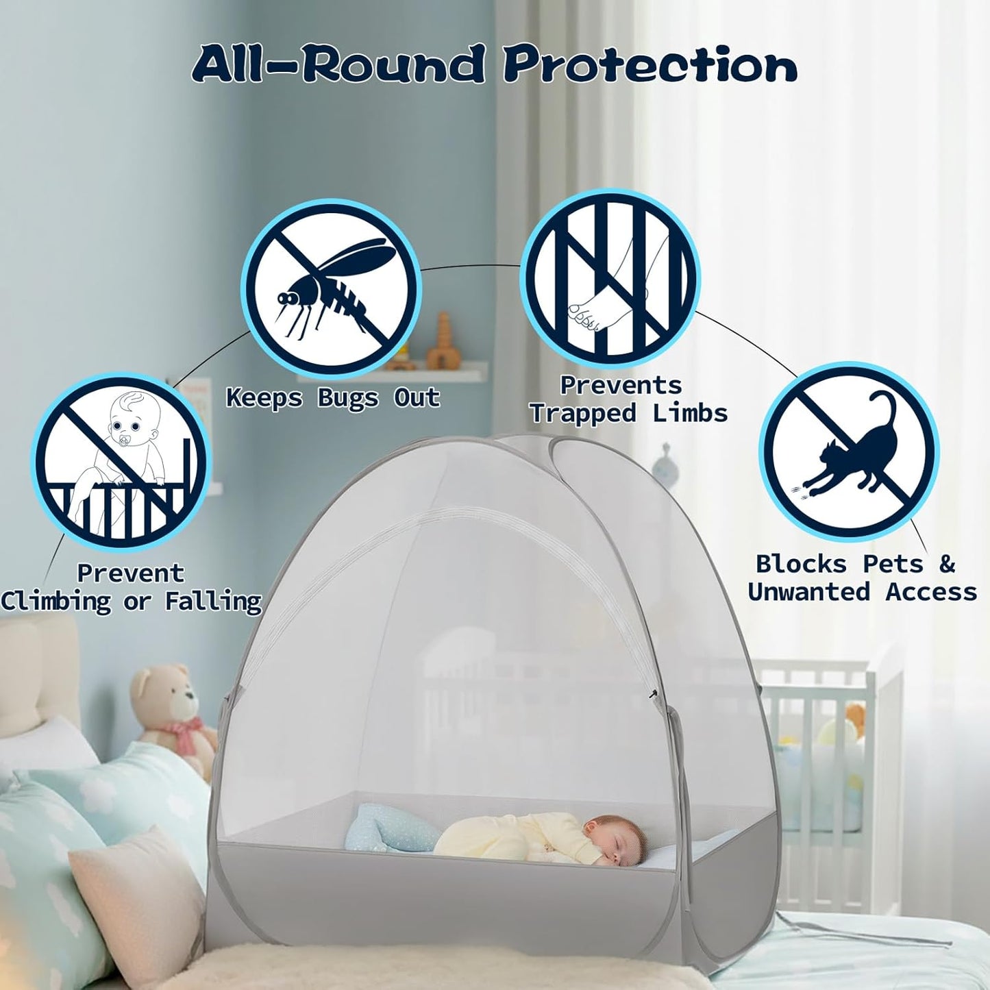 Akiky Large Pop Up Mosquito Net Crib Tent to Keep Baby from Climbing Out Baby Girl Netting Cover Canopy for Naps at Home&Traveling(Gray)