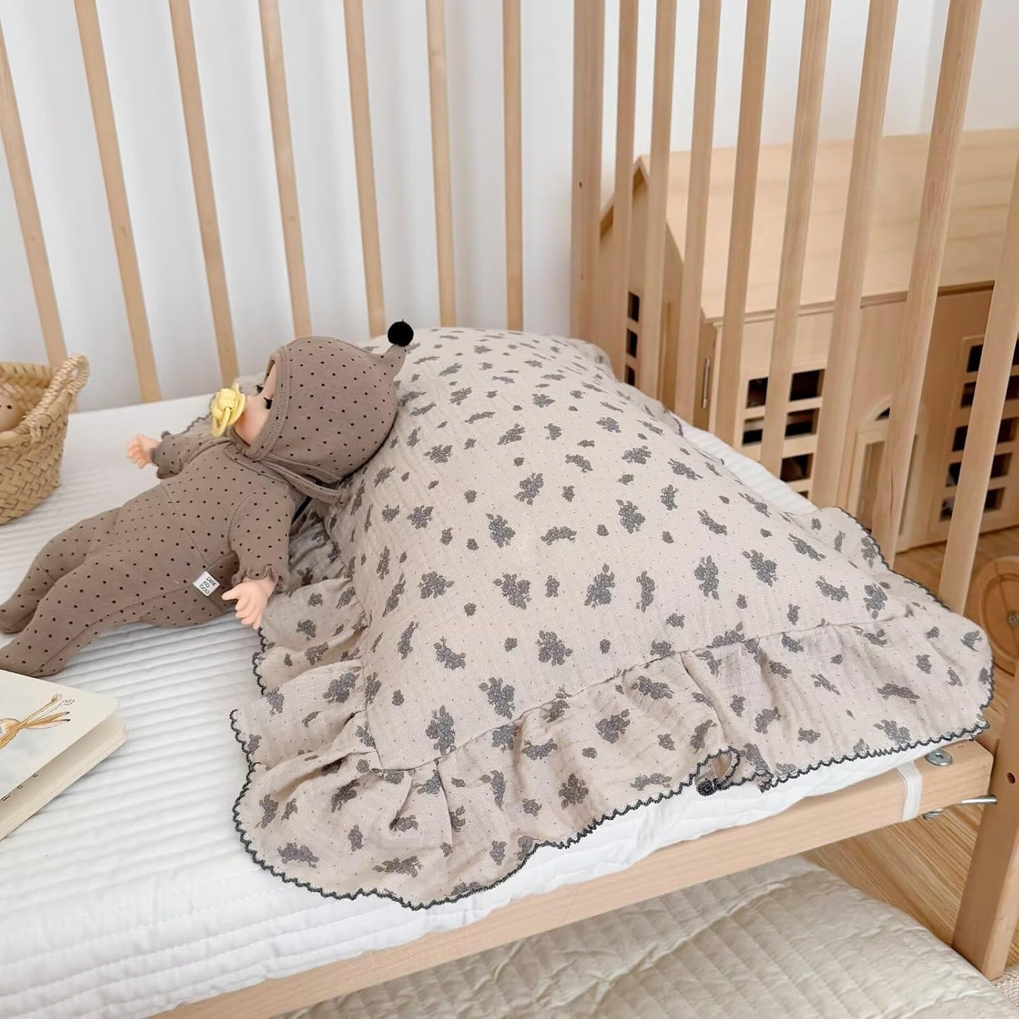 BuLuTu Blue Orchid Flower with Dots Design Toddler Pillow Case Crib Size, 14"x20", 1 pc, Muslin Cotton Pillow Covers for Girls Boys Machine Washable Pillowcase Nursery Decor, Durable