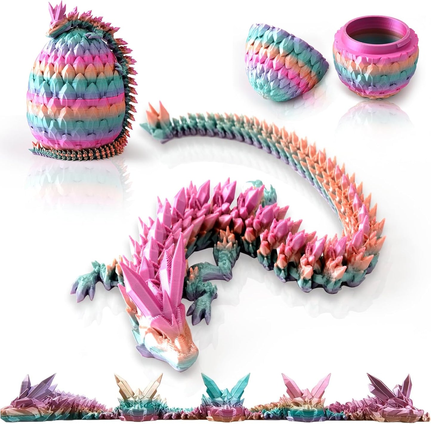 3D Printed Dragon in Eggs 12in Articulated Dragon Crystal Dragon Fidget Toy with Dragon Eggs Flexible Executive Desk Toys Home Office Decor (Crystal-Rainbow)