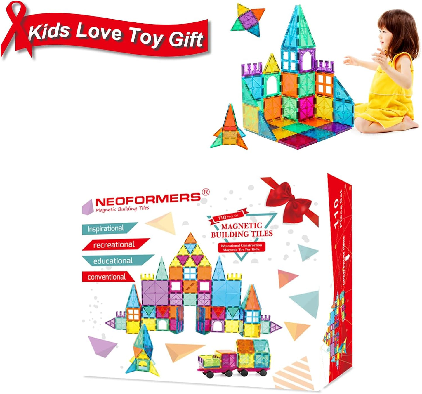 110PCS Magnetic Tiles with 2 Cars, STEM 3D Building Blocks for Kids Ages 3-8, Montessori Magnet Construction Toys for Preschool Classroom