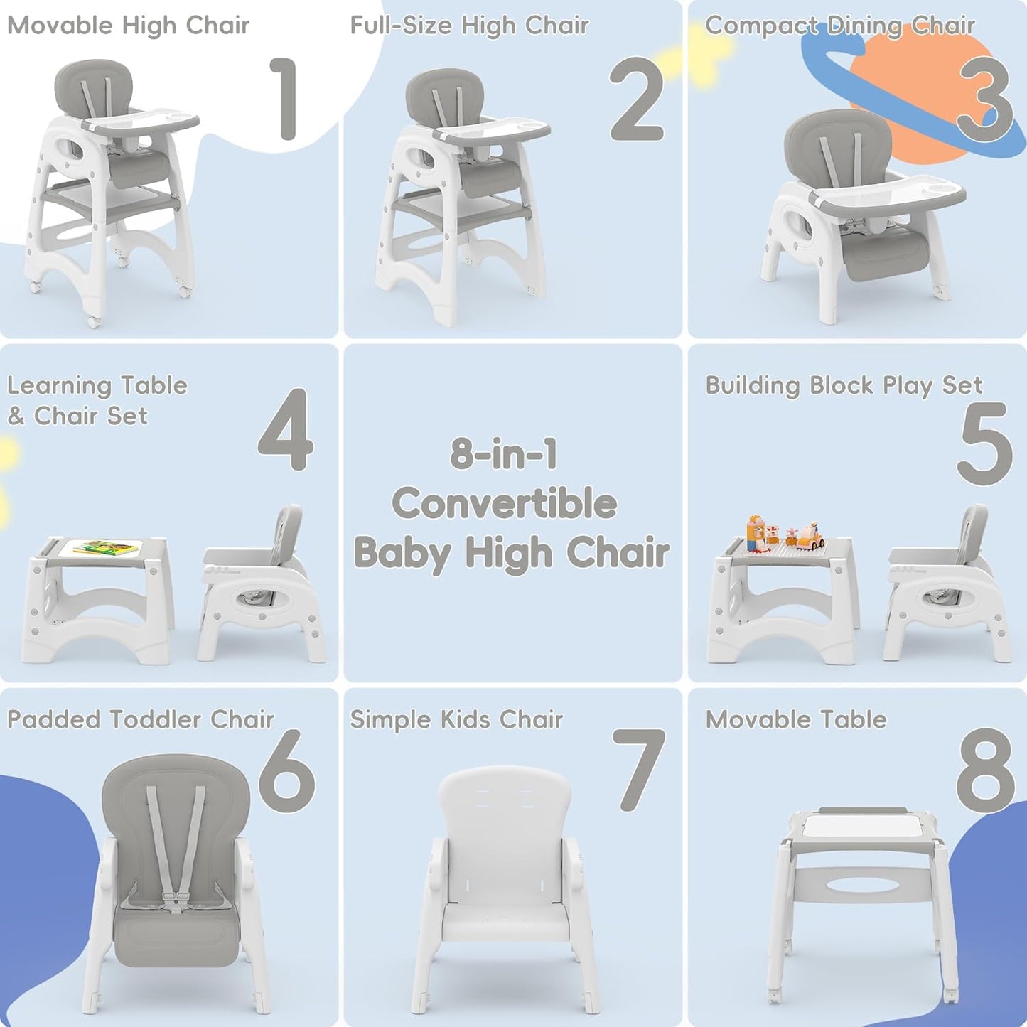 Xilingol 8 in 1 Convertible Baby High Chair W/Wheels, Baby Feeding Chair W/Adjustable Backrest & Removable Dual Tray, Building Block Table & Chair Set, HighChair for Babies & Toddlers (Grey)