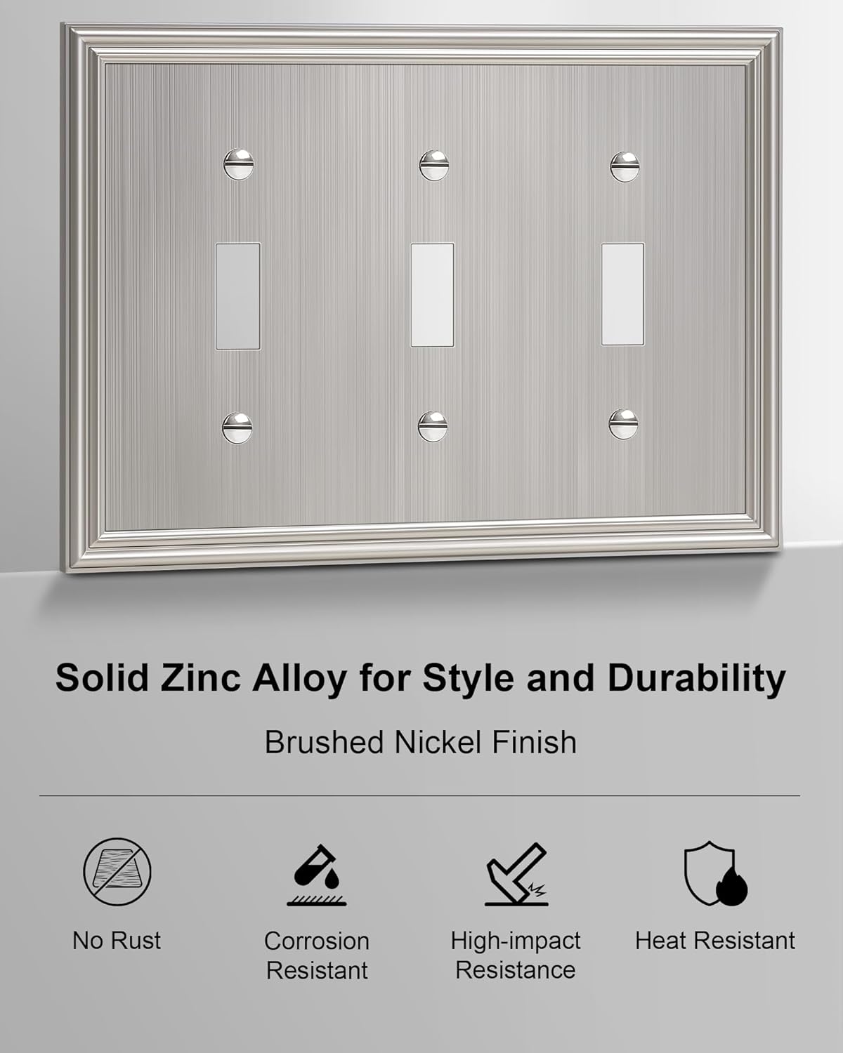 2-Pack Triple Toggle Light Switch Cover Plate, Durable Solid Zinc Alloy Decorative Switch Plate Covers, Brushed Nickel 3 Gang Wall Plate, Corrosion Resistant