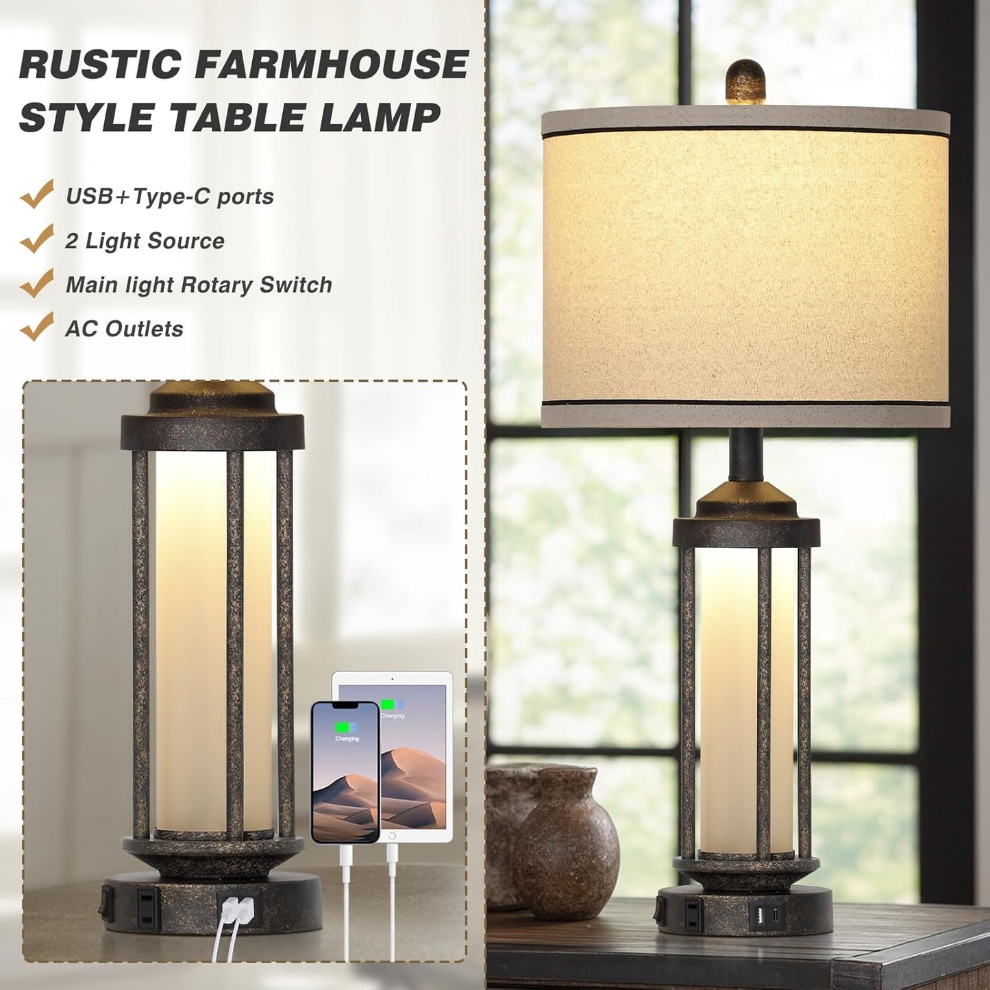 27" Industrial Farmhouse Table Lamp, Vintage Rustic Beside Lamp with USB A+C Charging Ports & AC Outlet, Modern Single Table Lamp with Frosted Glass Night Light for Bedrooms Nightstand Bronze