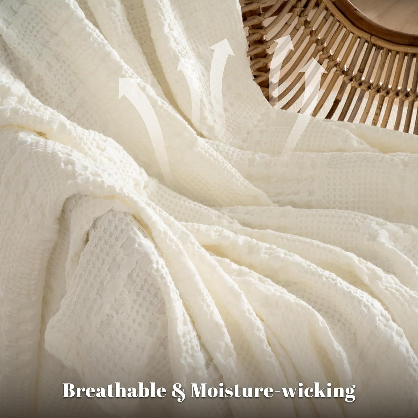 PHF 100% Cotton Waffle Weave Throw Blanket, Soft Lightweight Breathable Cozy Summer Throws for Couch Bed Sofa, Luxury Aesthetic Woven Blanket for Home Decor & Office, 50"x60", Ivory