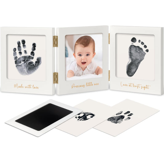 Inkless Baby Handprint and Footprint Kit for Newborn - Baby Footprint Kit,Newborn Keepsake Nursery Picture Frame,Dog Paw Print Maker,Personalized Gifts for New Mom,Showers & Registry(White/Gold)
