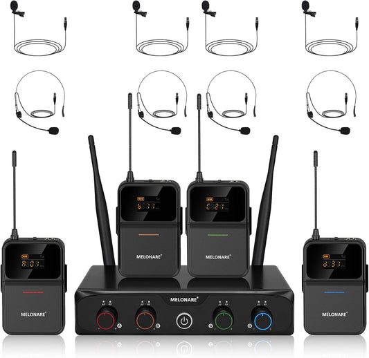 4-Channel Wireless Microphone System,UHF Compact Cordless Mic Set w/ 4x10 Frequencies, 200ft Range, 4 Bodypacks & Headset/Lapel Microphones for Singing, Church, Conference (MWM-41-4B)