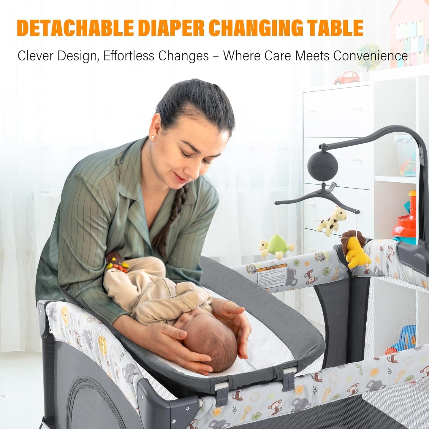 5 in 1 Infant Newborn Baby Crib,Baby Bassinet Bedside Cribs,Pack and Play and Changing Table,Portable & Music Box,Portable Travel Crib,Dark Gray