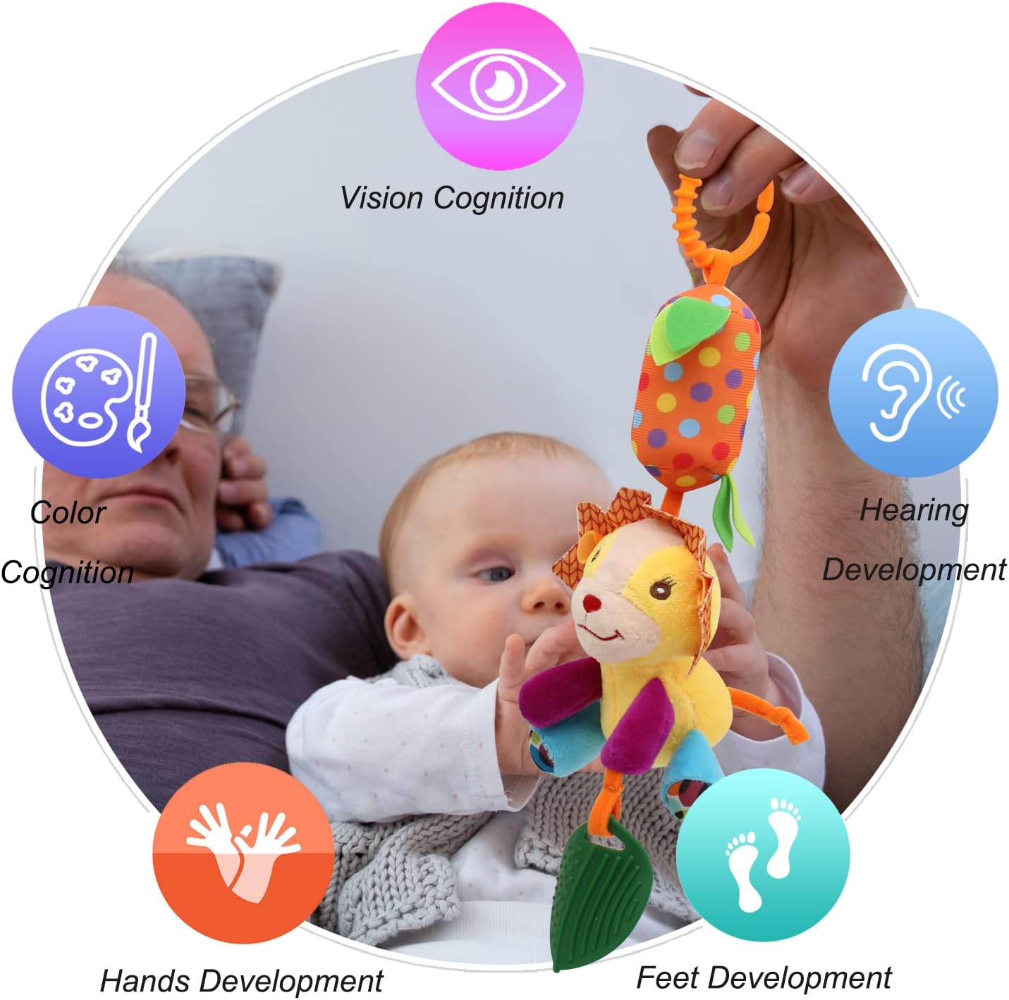BLOOBLOOMAX Baby Soft Hanging Rattle, Car Seat Stroller Toys with Plush Animal C-Clip Ring for Infant Babies Boys and Girls 3 6 9 to 12 Months (4pcs)