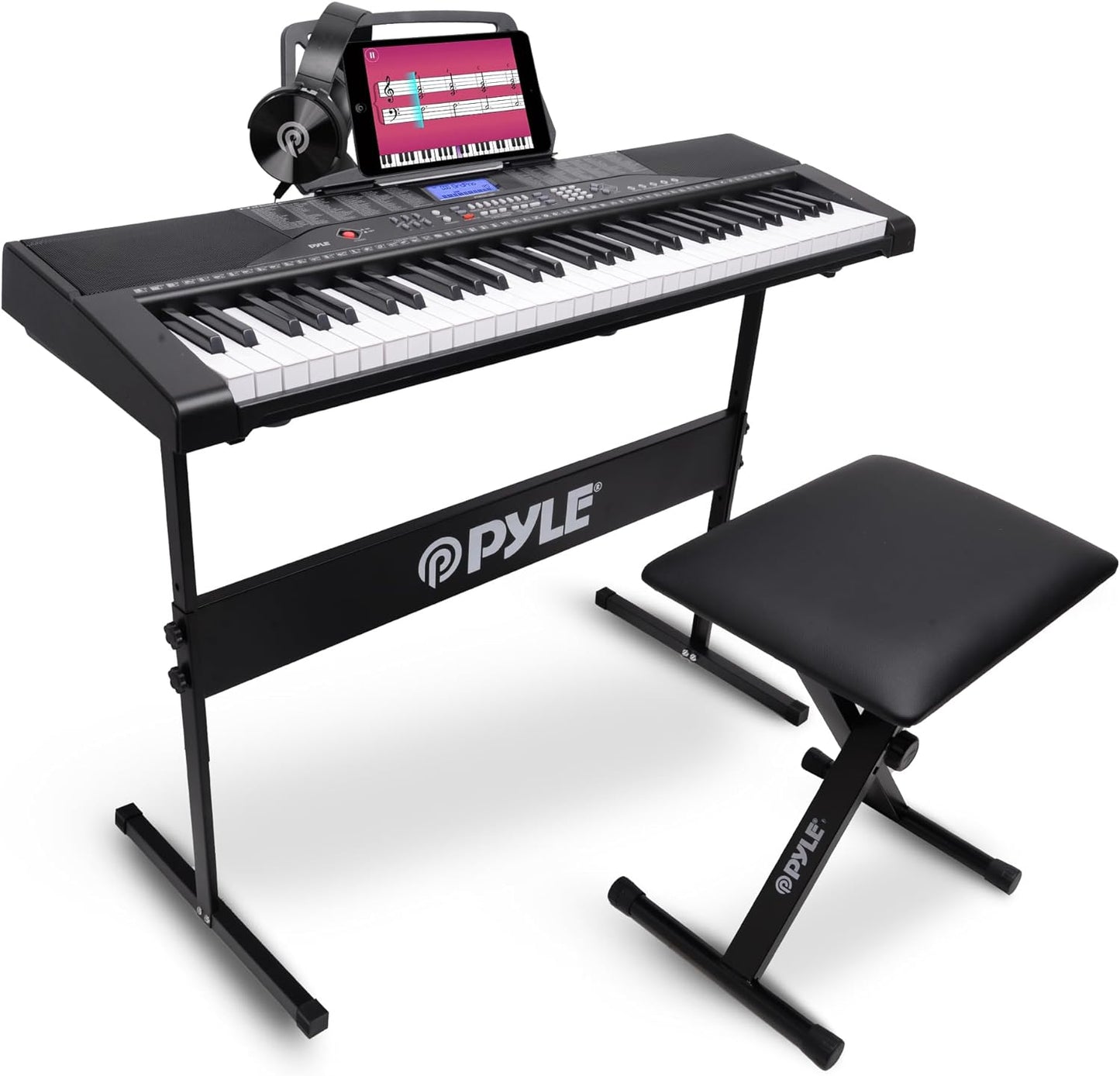 PYLE Electric Piano, Electric Keyboard Piano, Music Keyboard, 61 Keys, Bluetooth, LCD Display, Portable Design, Karaoke Function, Includes Stand, Stool, Book Rack, Headset, Perfect for Beginners