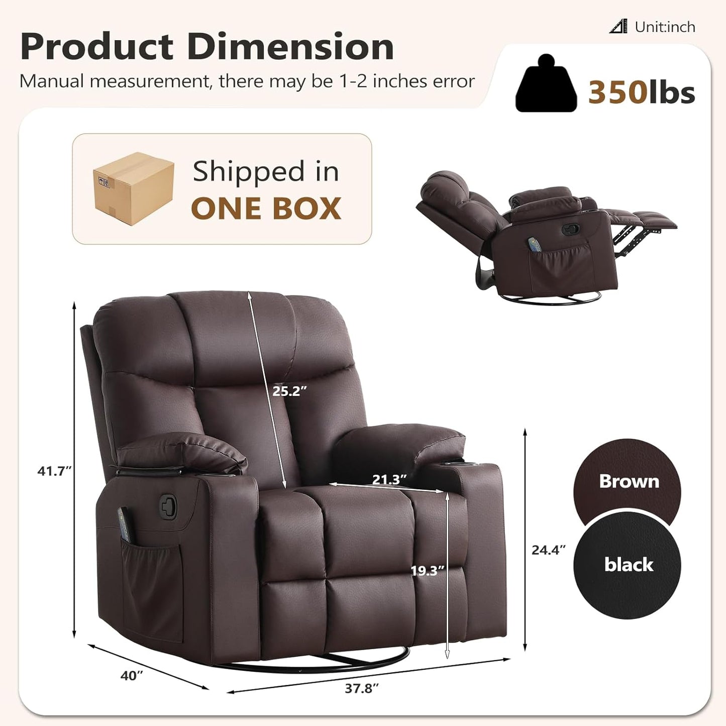 ANJ Swivel Rocker Recliner Chair Set of 2, Brown PU Leather, Manual 3-Position Reclining with Massage & Heat, Cup Holders for Living Room