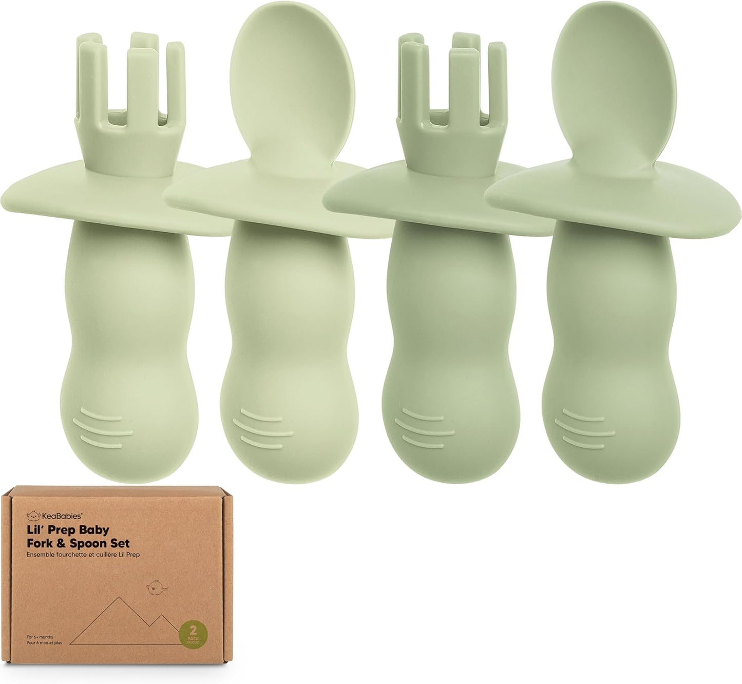 KeaBabies 4-Pack Silicone Baby Spoons and Forks Set - Baby Led Weaning Utensils 6-12 Months, Self Feeding Toddler Spoon & Fork for Training, Teething, Easy to Hold, BPA-Free Silicone (Sage)