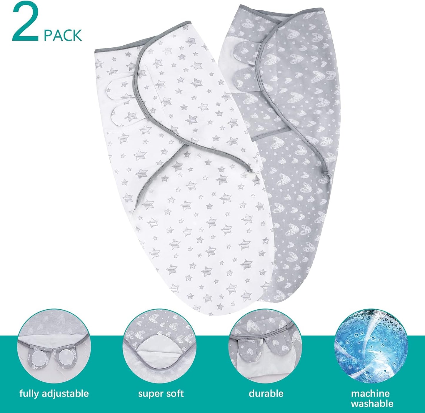 Biloban Baby Swaddles 0-3 Months for Boy & Girl, Cotton Swaddle Blanket, Newborn Essentials, Lovely Grey Print, 4 Pack