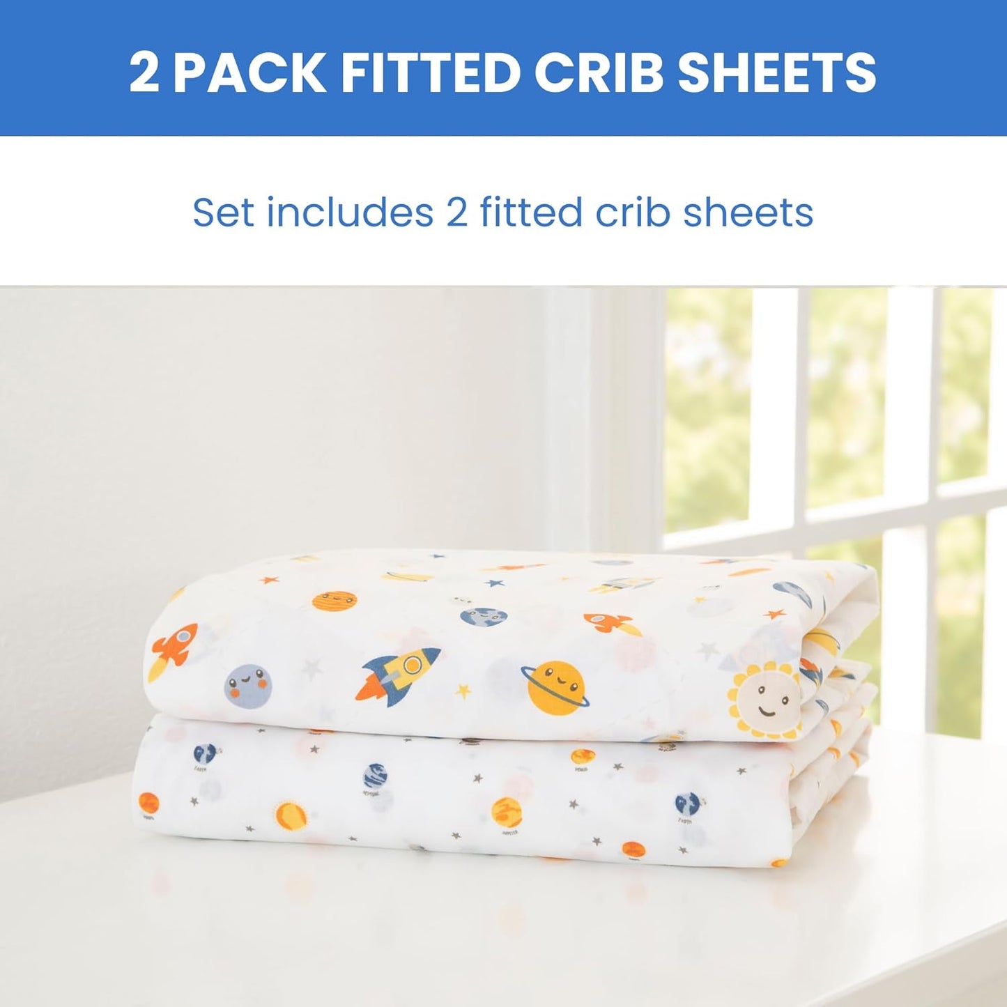 Delta Children Fitted Crib Sheets for Girls and Boys - Crib Sheet for Standard Crib and Toddler Mattresses - 28x52 Inch (Pack of 2), Space Exploration