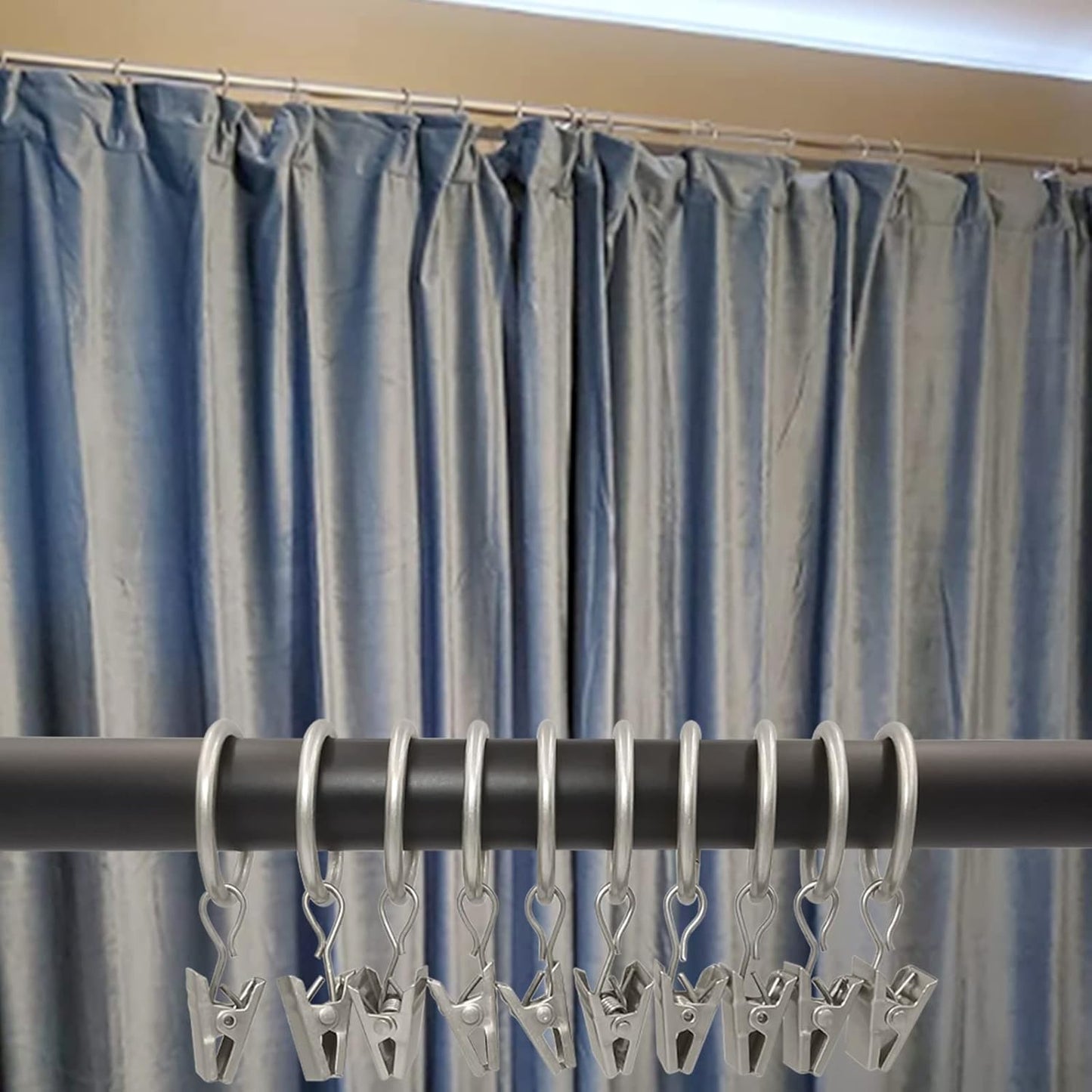 44 Pack Matte Silver Curtain Rings with Clips, Curtain Hooks Hangers Clip Rings for Hanging Drapes Bows Hat, Drapery Rings 1 in I D, Fits up to 5/8 in Diameter Curtain Rod.