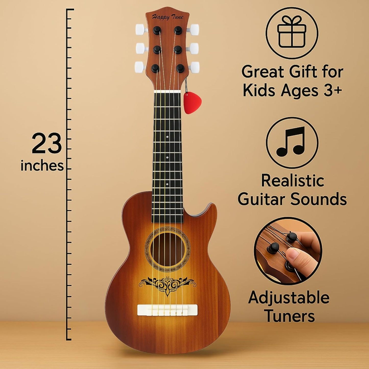 23" Acoustic Guitar, Kids 6 String Toy Guitar - Realistic Steel Strings - Beginner Practice First Musical Instrument for Children, Toddlers (Brown)