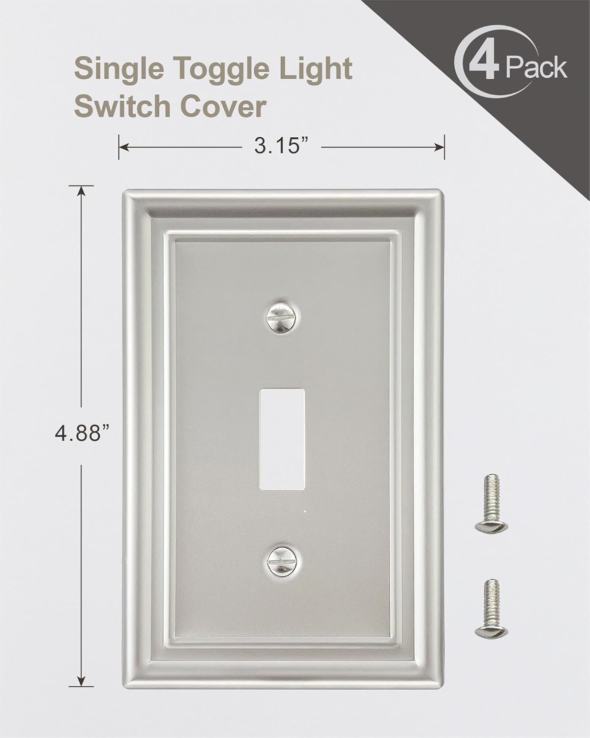 4-Pack Single Toggle Wall Plate, Metal Light Switch Cover, Satin Nickel Switch Plate Cover, Midsize, A035 Series
