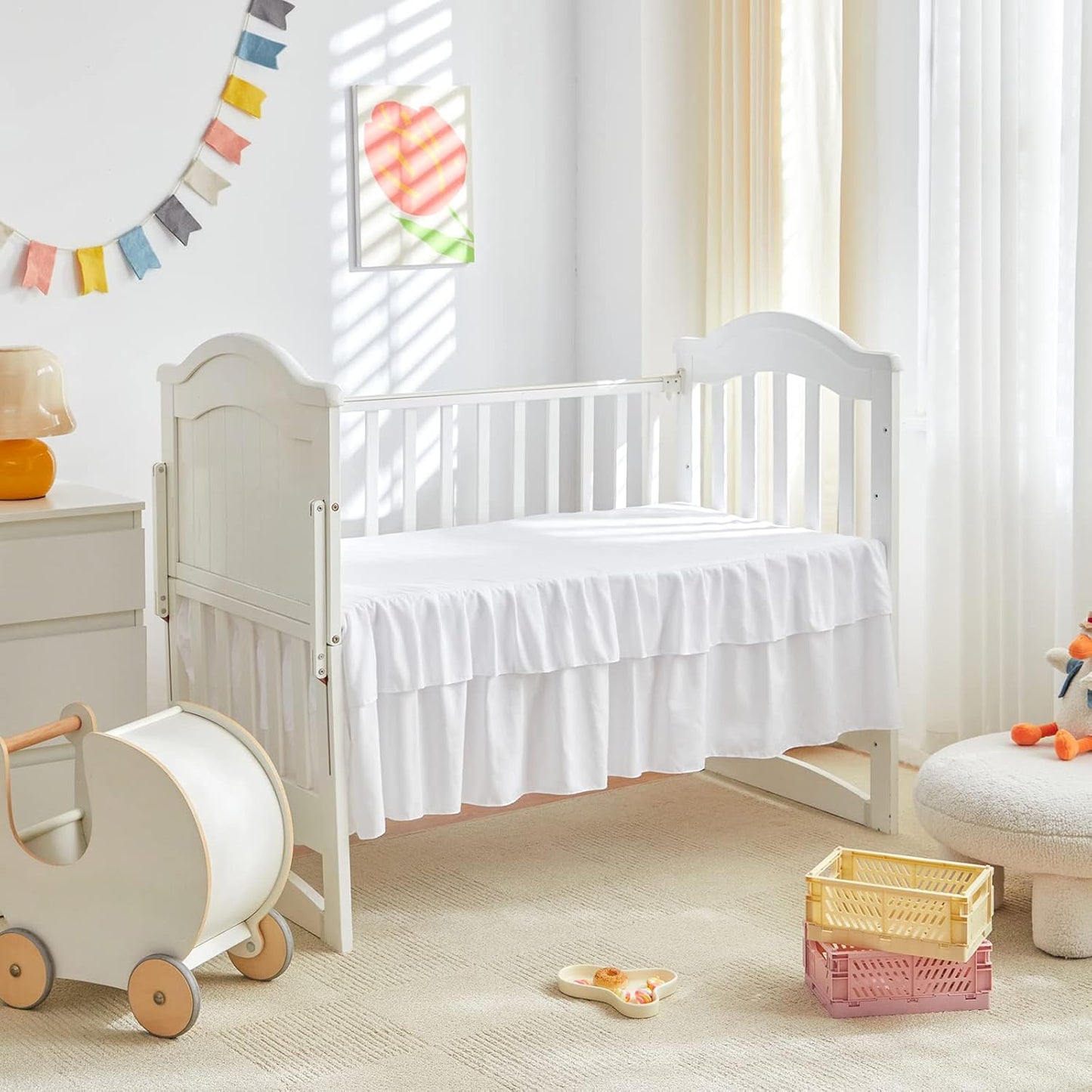 Mini Crib Bedding Set 3 Pieces Baby Boho Quilted Tufted Ruffles Comforter with Fitted Sheet and Ruffled Bed Skirt - Cute Shabby Baby Bedding Fits Mini Crib Only White