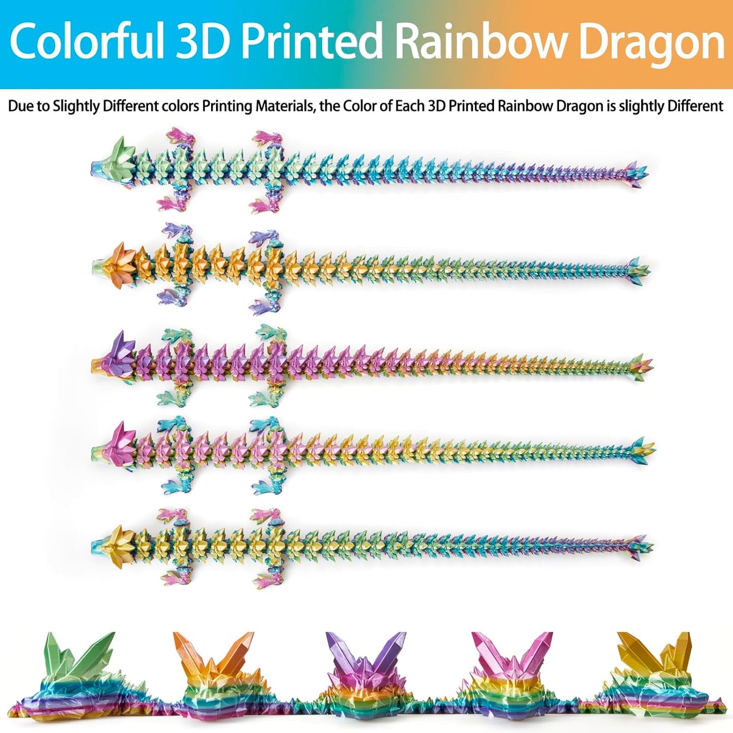 3D Printed Dragon, 3D Dragon ,30 Inch 3D Printed Fidget Dragon, Bigger Fidget Crystal Dragon Toys , 3D Printed Articulated Dragon for Home Office Car Desk Decor Toys (Red Yellow Blue) (Rainbow)