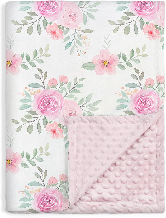 Floral Minky Baby Blanket 30 x 40 Inches for Girls, Soft Plush Receiving Blanket with Dotted Back, Gift for Newborn Infant Toddlers, Baby Shower, Christmas Birthday