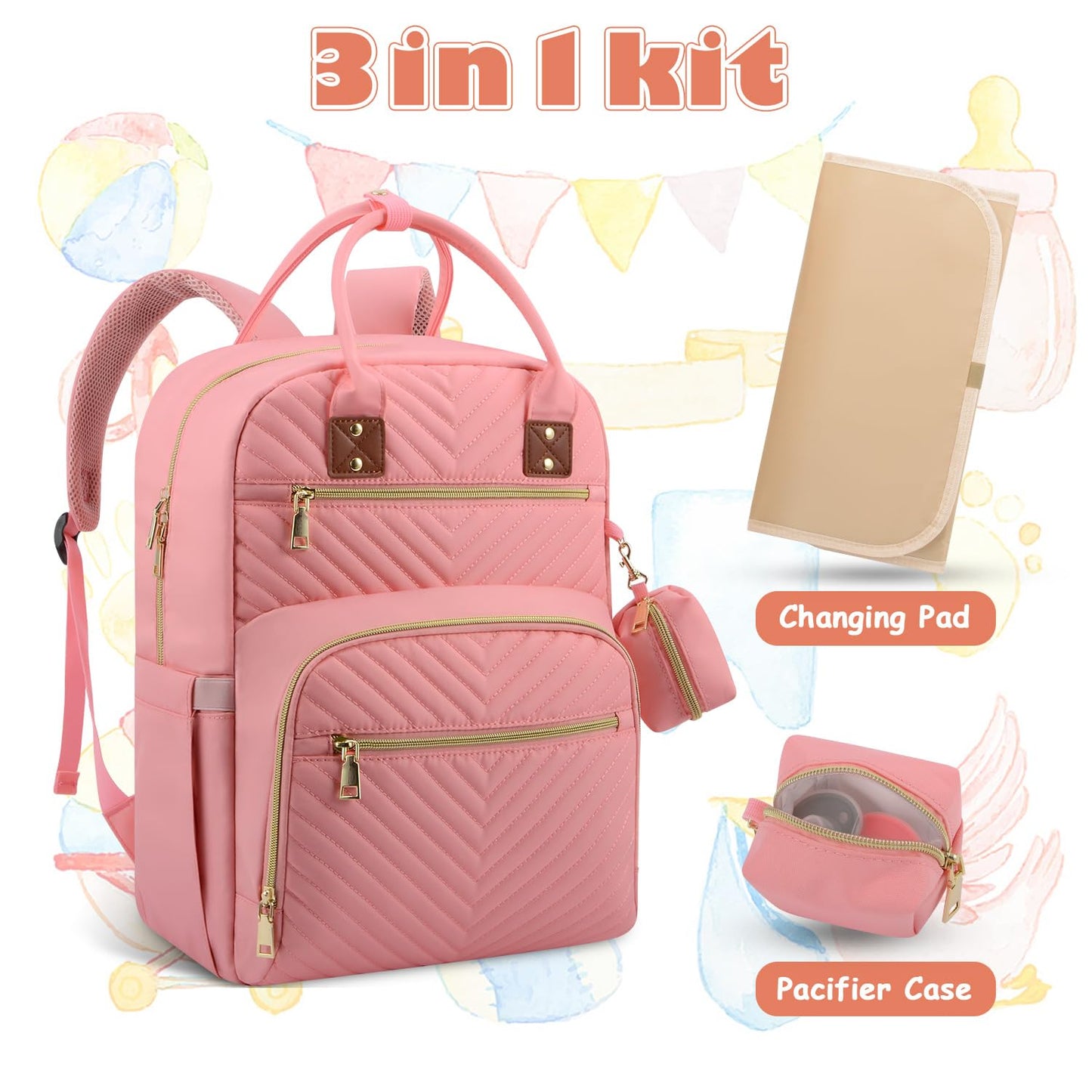 Baby Diaper Bag Backpack, Travel Diaper Bags for Baby Girl Boy Large Capacity Baby Bag Backpack for Women Light Pink