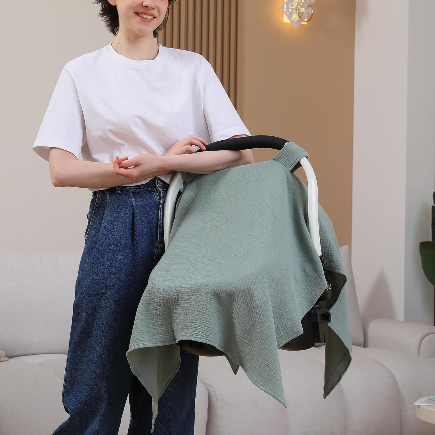 100% Muslin Cotton Car Seat Cover Baby, Carseat Canopy Cover, Universal Fit Stroller Covers for Boys and Girls (Roman Green)