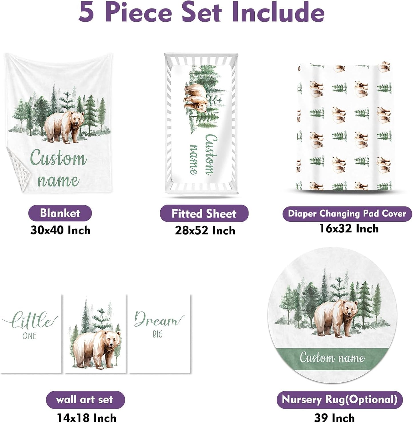 Personalized Baby Crib Bedding Set, 5-Piece Brown Bear Design Baby Crib Sets with Custom Name, Toddler Double Layer Blanket Fitted Sheets Changing Pad Cover Rug Wall Art Set, Charming Nursery Decor
