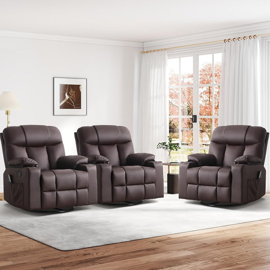 ANJ Swivel Rocker Recliner Chair Set of 3, Brown PU Leather, Manual 3-Position Reclining with Massage & Heat, Cup Holders for Living Room