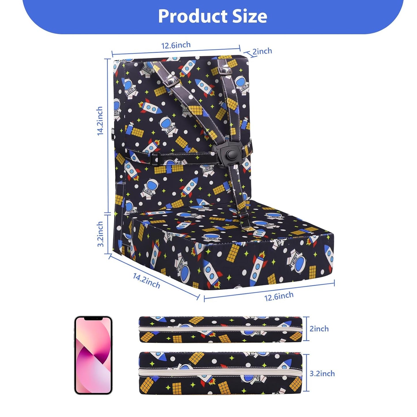 Toddler Booster Seat for Dining Table, Adjustable Safety Buckle Child Booster Seat with Backrest, PU Waterproof Easy Cleaning Portable Booster Cushion (Black)