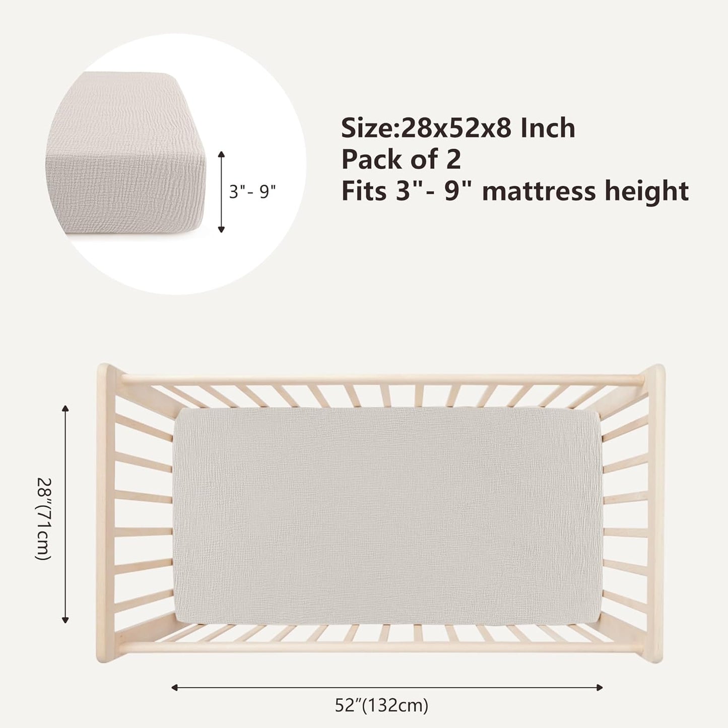 Bearmoss Muslin Crib Sheets - 100% Cotton Baby Crib Sheets Fitted for Standard Crib Mattress & Toddler Bed Mattress 52"x28" Soft Breathable Crib Sheet Neutral for Boys Girls - 2 Pack (White Star)