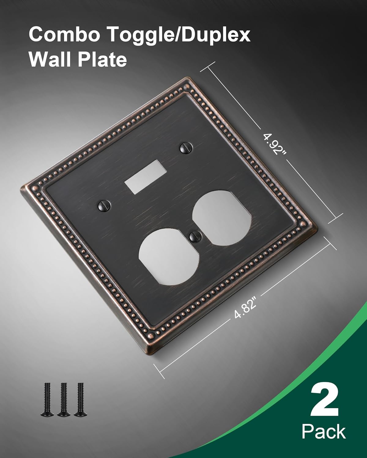 2-Pack Combo Toggle/Duplex Light Switch Cover Plate, Aged Bronze Metal Wall Outlet Cover Plate, Decorative Classic Beaded Wall Socket Receptacle Cover for Electrical Outlets, Light Switch