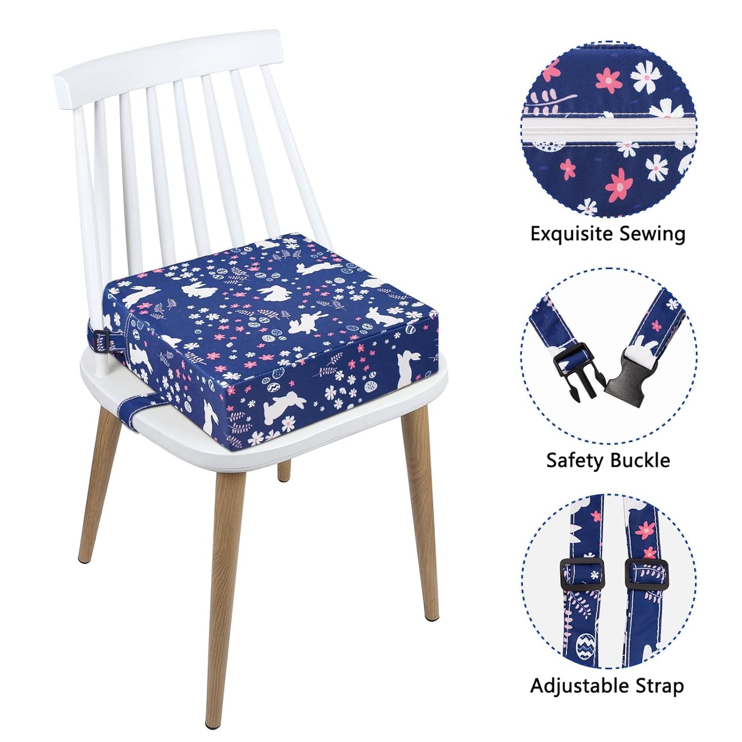 SMZCTYI Toddler Booster Seat for Dining Table, Stronger Support Non-Slip Bottom Double Safe Straps Booster Seat Dining Toddler, Portable Travel Increasing Cushion (Navy Blue Rabbit)