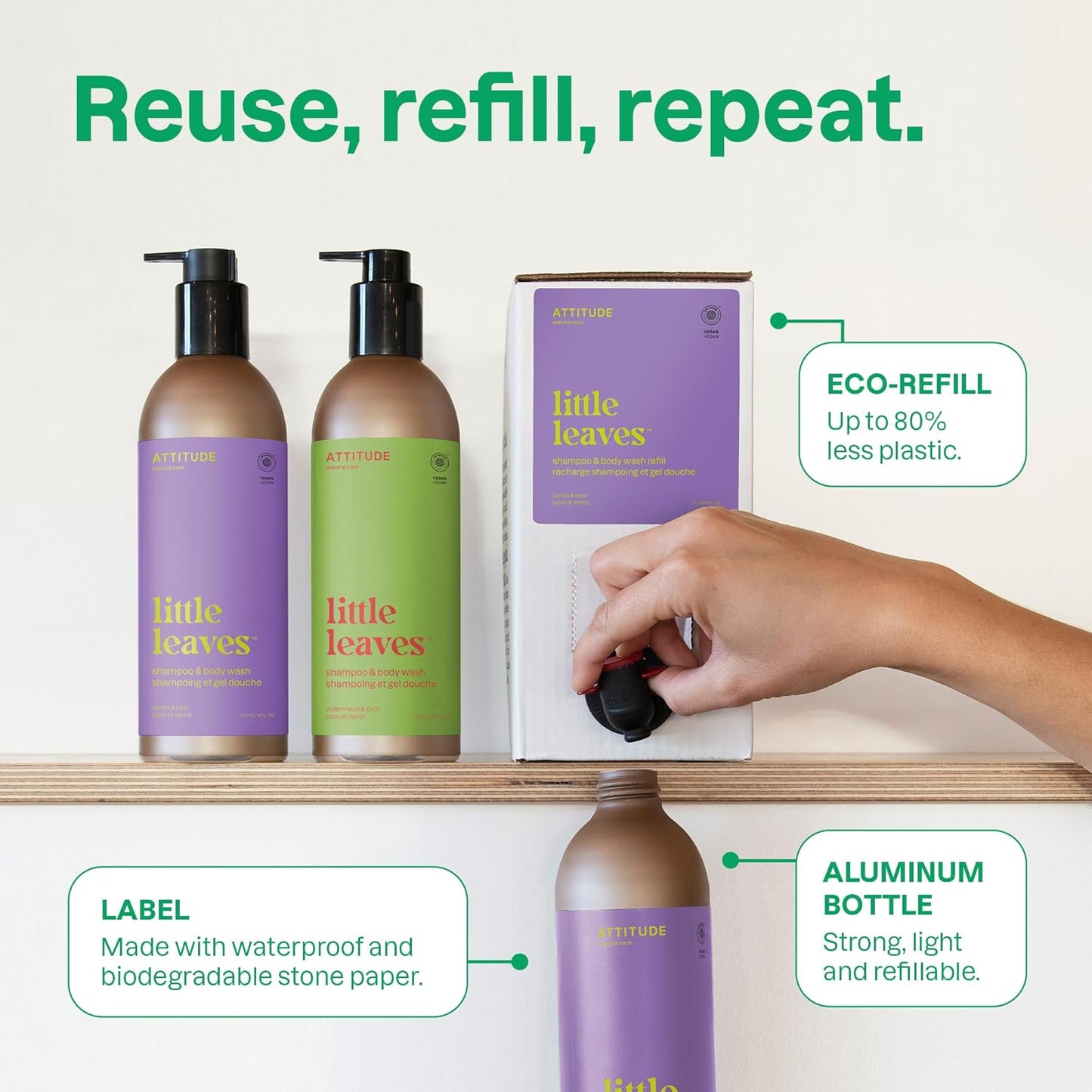 ATTITUDE Shampoo and Body Wash for Kids, EWG Verified Hair and Body Cleanser, Dermatologically Tested Soap, Plant and Mineral Based Bath Products, Vegan, Refillable Bottle, Vanilla and Pear, 16 Fl Oz