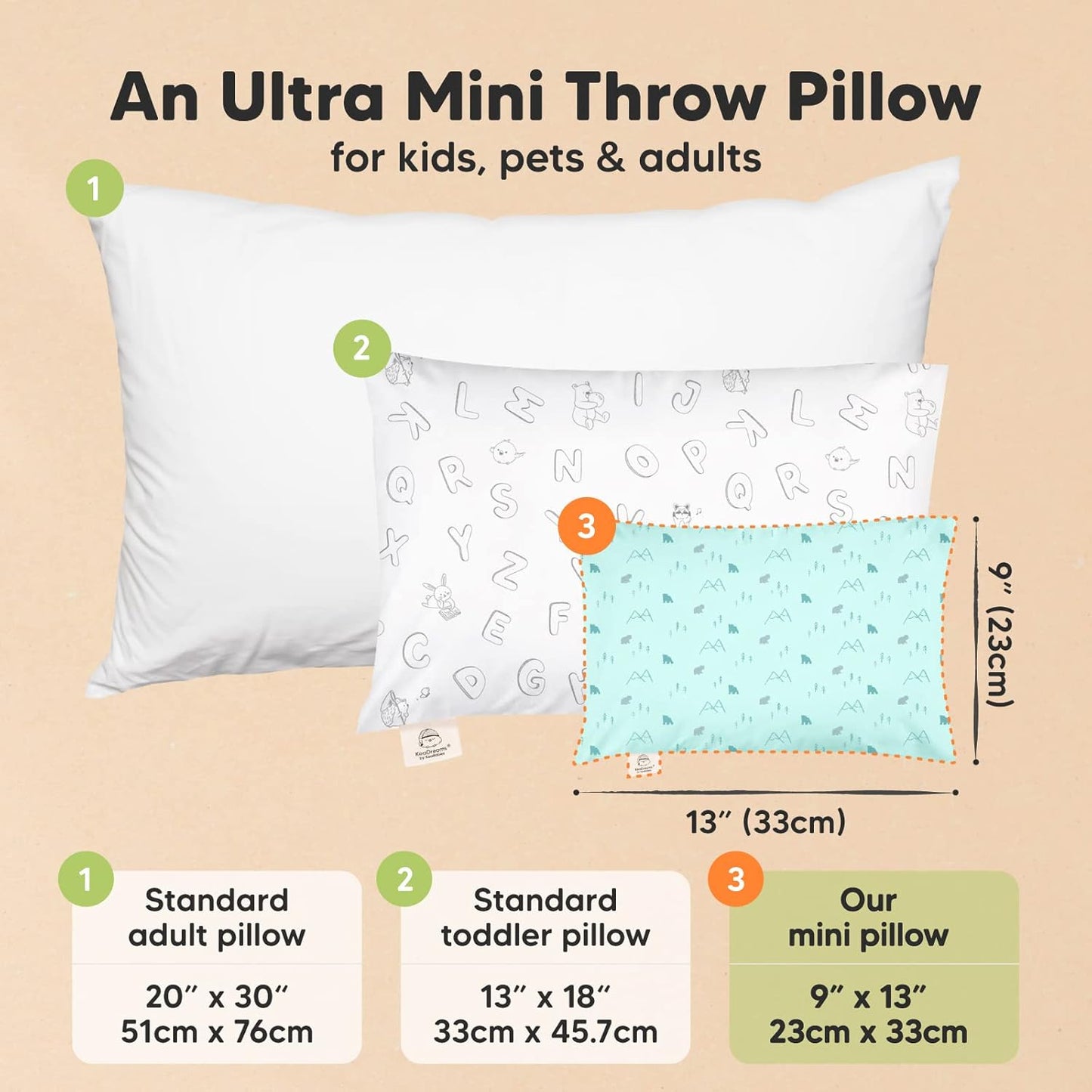 Mini Toddler Pillow with Pillowcase - 9x13 My Little Dreamy Travel Kids Pillow for Sleeping, Toddler Bed, Small, Tiny, Organic Cotton Pillowcase, Soft & Breathable, Kids 2-4 Years Old (Polar)