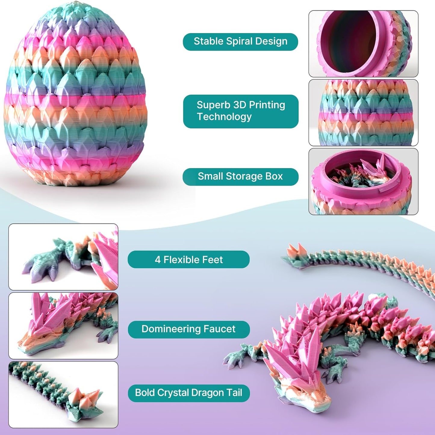 3D Printed Dragon in Eggs 12in Articulated Dragon Crystal Dragon Fidget Toy with Dragon Eggs Flexible Executive Desk Toys Home Office Decor (Crystal-Rainbow)