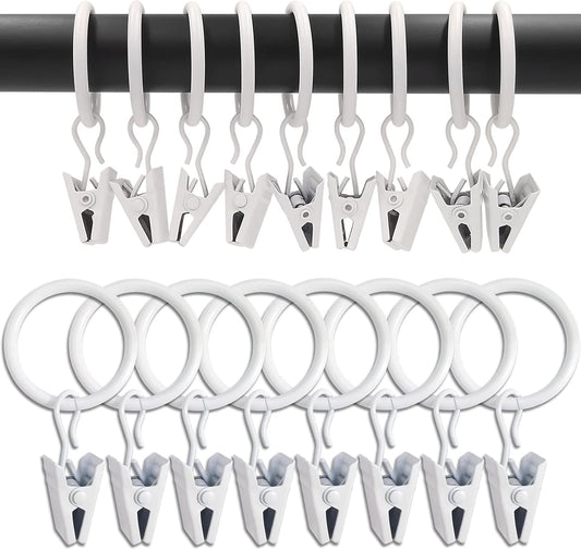 100 Pack White Curtain Rings with Clips, Curtain Hooks Hangers Clip Rings for Hanging Drapes Bows Hat, Drapery Rings 1 in I D, Fits up to 5/8 in Diameter Curtain Rod.