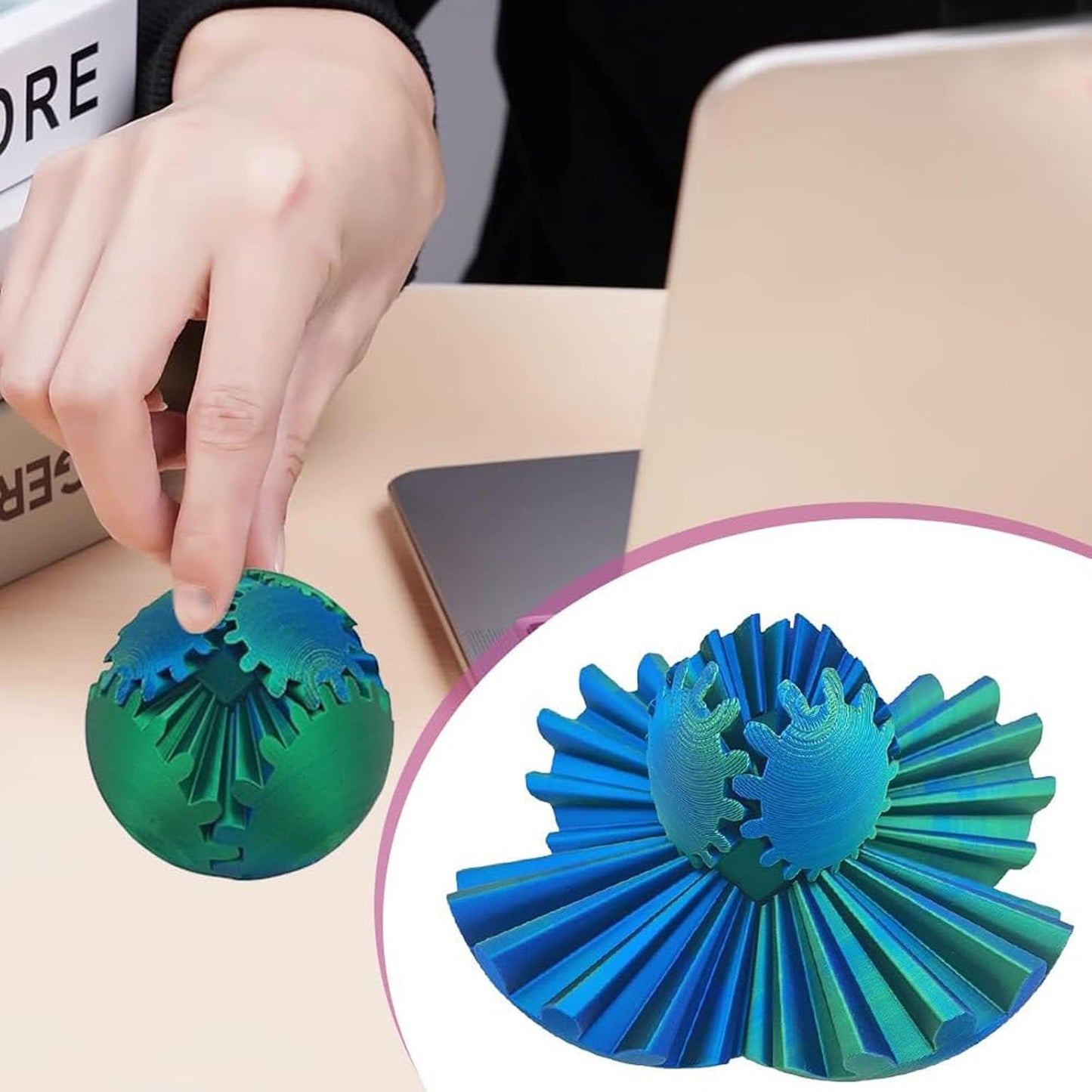 3D Printed Gear Ball, Gear Sphere Fidget Toy, Gear Ball Spin Ball or Cube Fidget Toy, Stress Ball, GearSphere Desk Toy for Stress and Anxiety Relaxin Kids Adult Birthday (Laser Green)