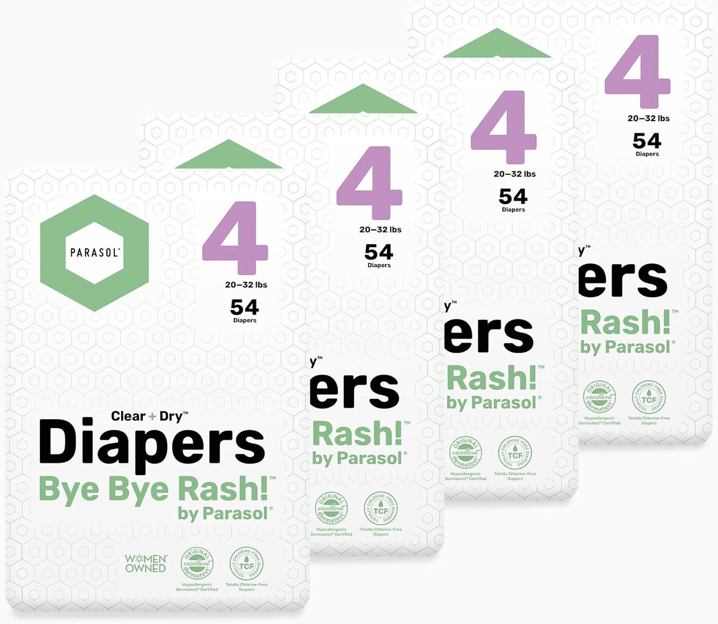 Parasol Clear+Dry Disposable Diapers, RashShield Protection and Leak-Control Fit, Hypoallergenic Diapers, Size 4 (20-32 lbs), 216 Count