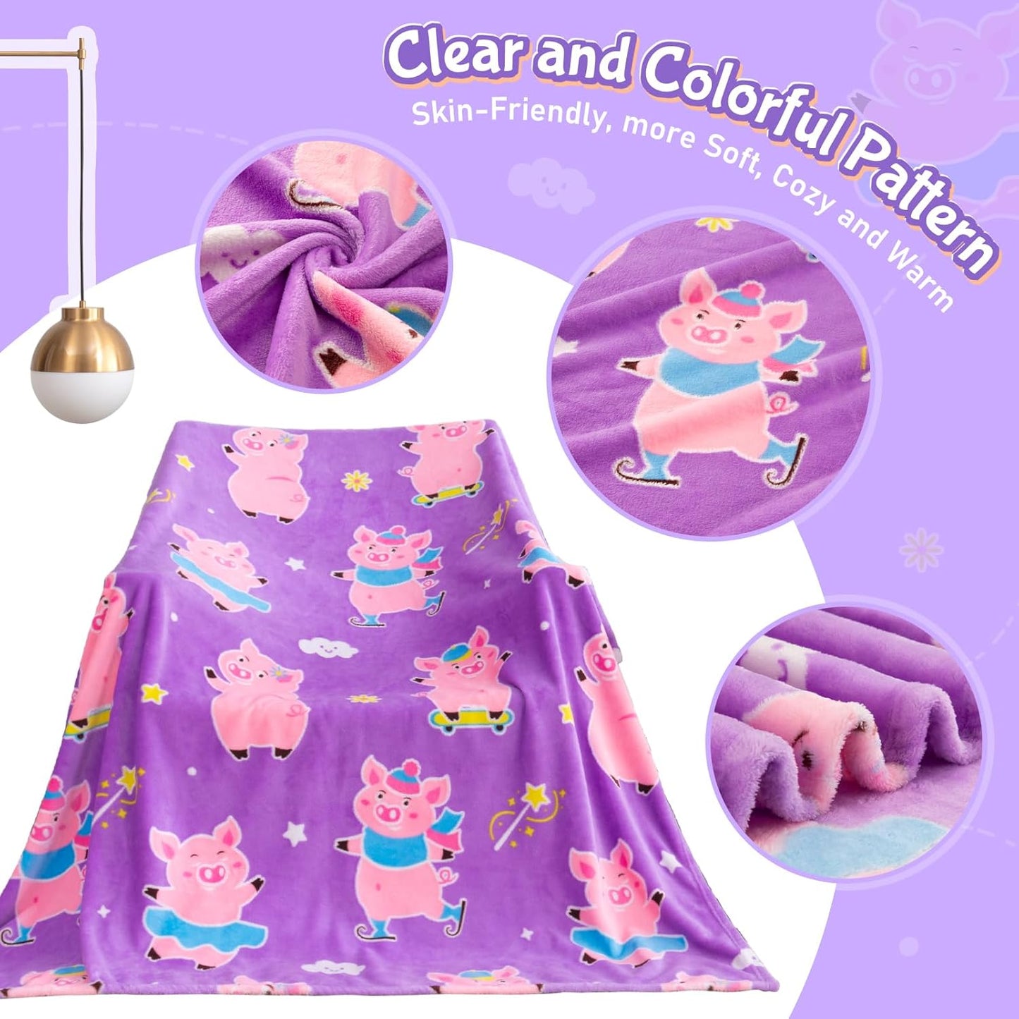 Boulou Pig Glow in The Dark Throw Blanket - 60" x 50" Pink Plush Pig Blanket for Girls, Glowing Blanket Gift for 3-10 Years Old Kids Boys, Birthday