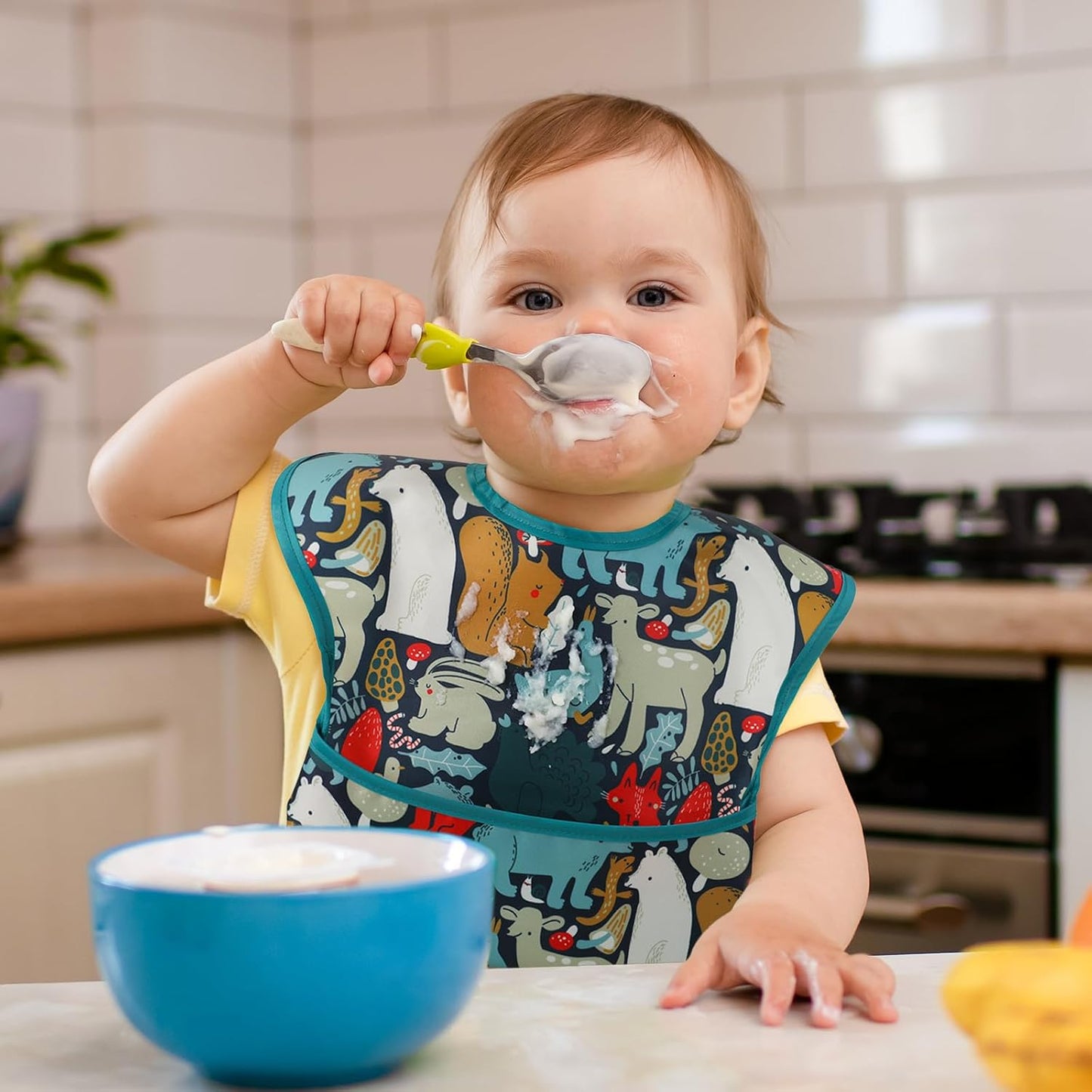 Mess Proof Baby Bib 3 Pack, Waterproof Led Weaning Baby Feeding Bibs with Food Catcher, Travel Feeding Bibs