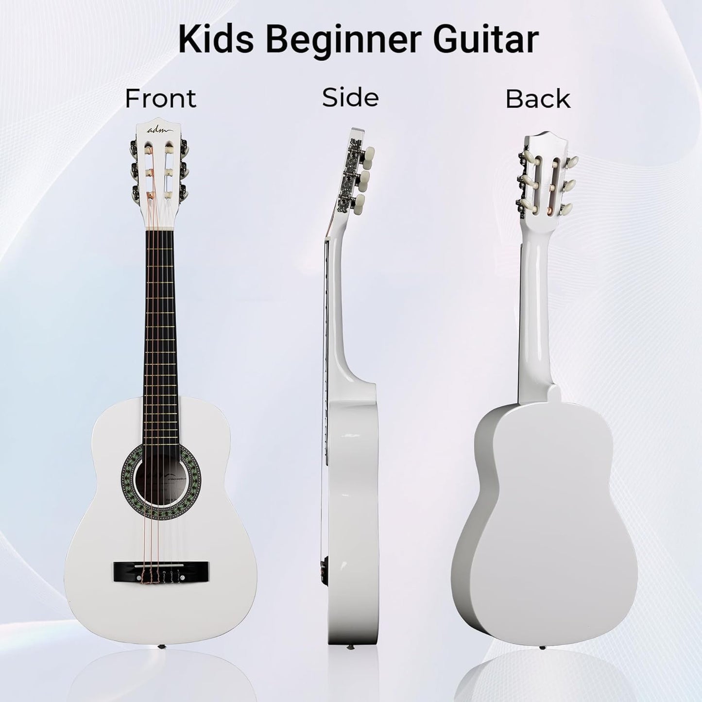 ADM Beginner Acoustic Classical Guitar Nylon Strings Wooden Guitar Bundle Kit for Kid Boy Girl Student Youth Guitarra Online Lessons with Gig Bag, Strap, Tuner, Picks (30 Inch, White)