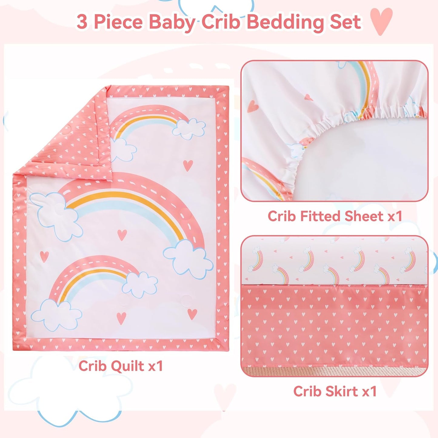 Viviland 3 Pieces Baby Bedding Set for Boy Girls, Baby Bedding Set for Newborn, Infant & Toddler - Rainbow