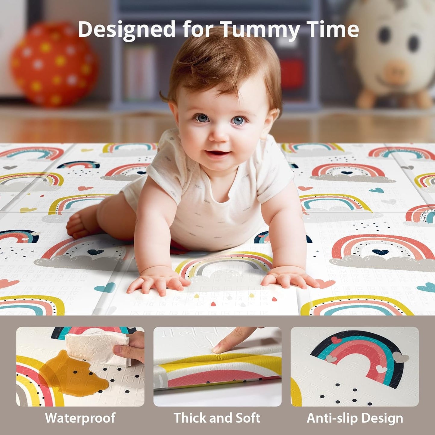 79 x 71 Baby Play Mats for Floor, Foldable Foam Play Mat for Babies 0-12 months,Thick & Waterproof Playmate for Baby, Non Toxic Baby Tummy Time Activity Playmat, Reversible Playpen Mat for Infant Toddlers