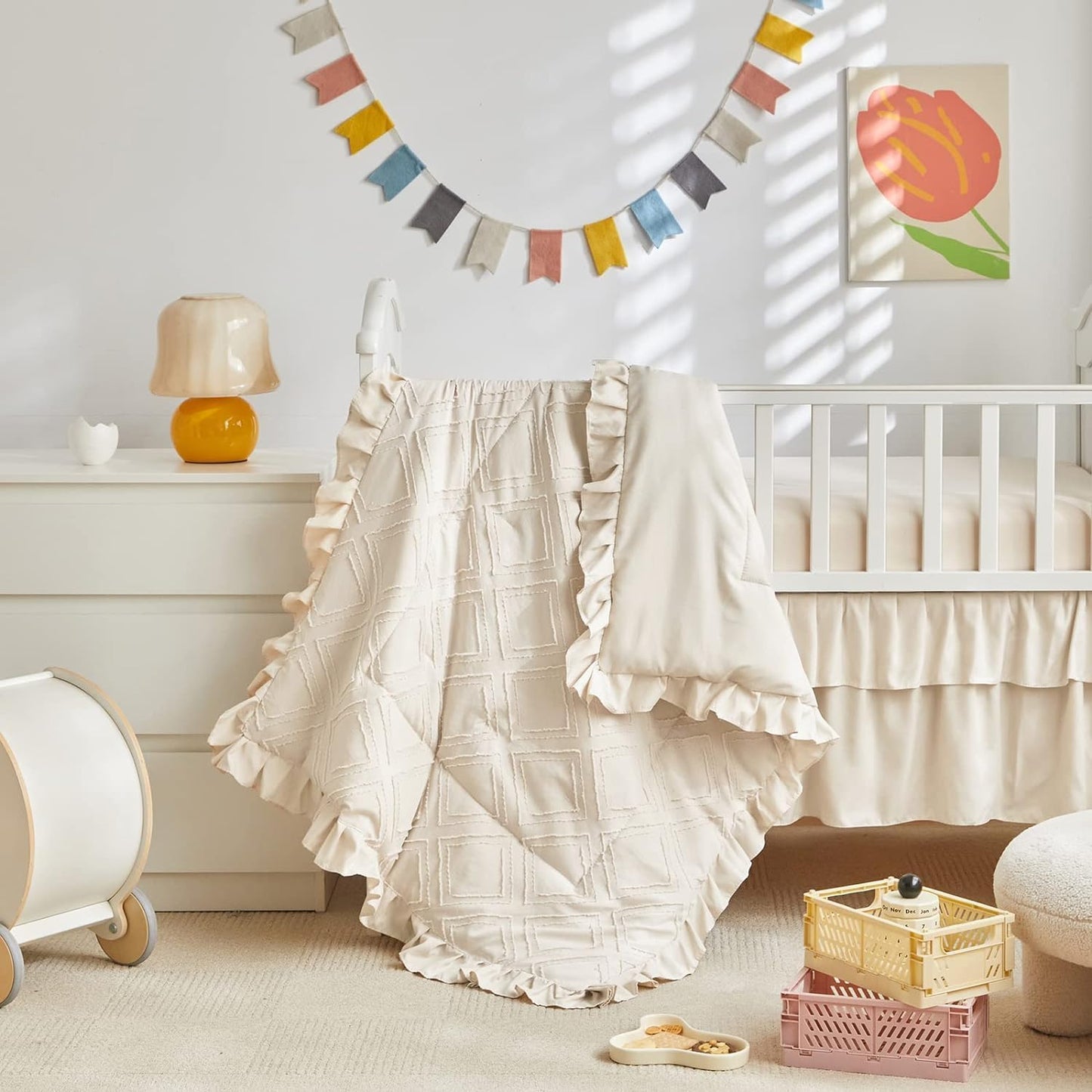 Mini Crib Bedding Set 3 Pieces Baby Boho Quilted Tufted Ruffles Comforter with Fitted Sheet and Ruffled Bed Skirt - Cute Shabby Baby Bedding Fits Mini Crib Only Cream White