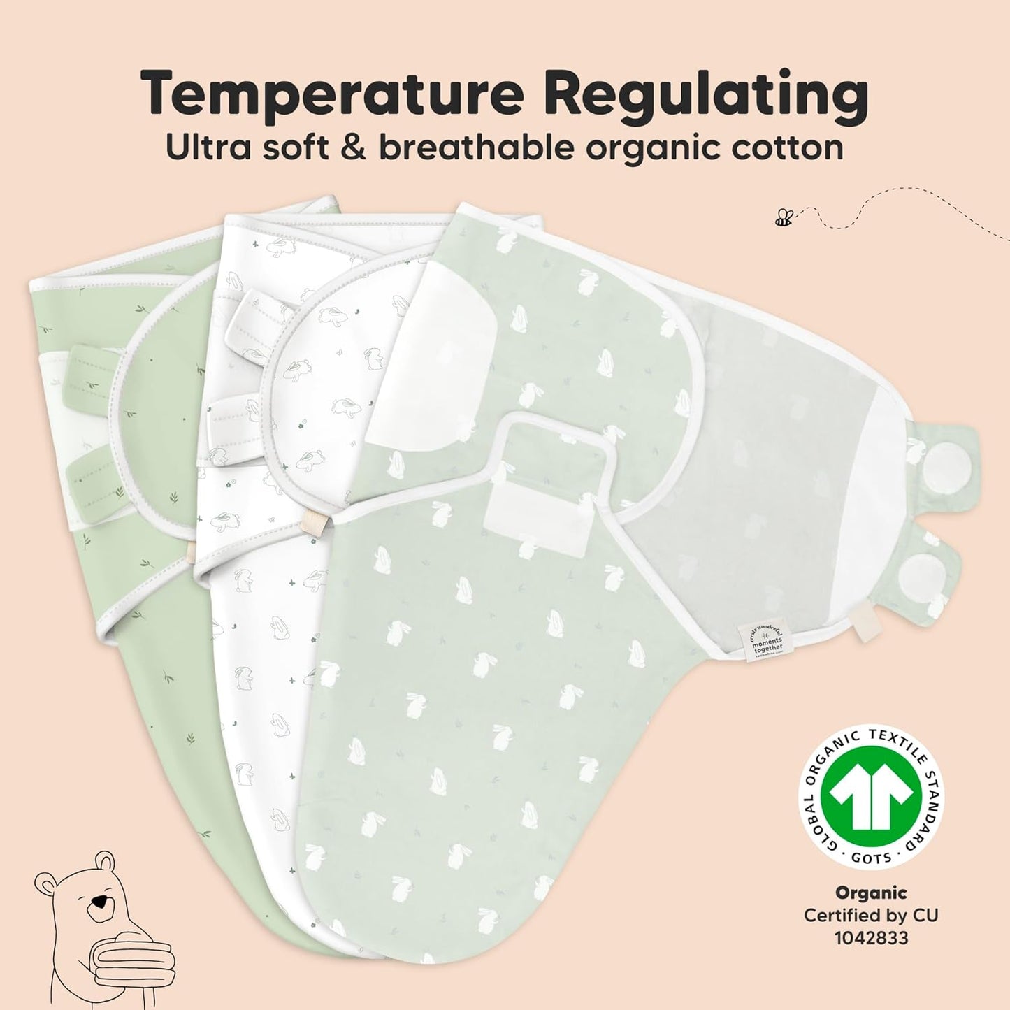 3-Pack Organic Baby Swaddle Sleep Sacks - Swaddles for Newborns, Infant 3-6 Months, Baby Girls, Boys, Soft & Snug Newborn Sleep Sack, Nursery Swaddling Blankets (Bunnies, L)