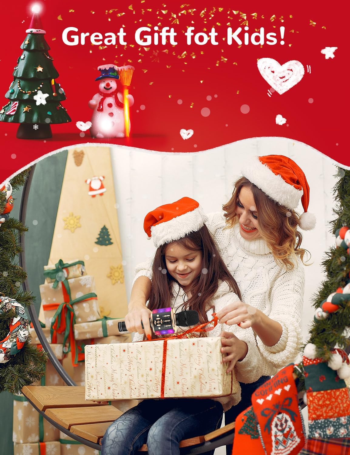 Amazmic Kids Karaoke Microphone Machine Toy Bluetooth Microphone Portable Wireless Karaoke Machine Handheld with LED Lights, Gift for Children Adults Birthday Party, Home KTV(Black Gold)