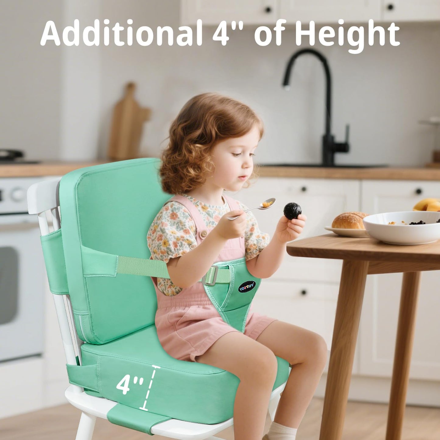 Toddler Booster Seat for Kitchen Chair, 2-in-1 Dining Table Booster Seat with Backrest & Adjustable Straps – Easy-Clean, PU Portable Toddler Eating Travel Increasing Cushion-Green